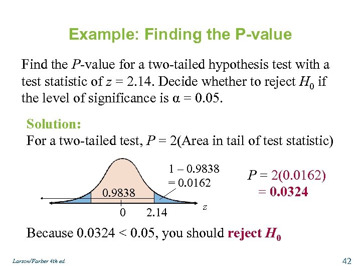 Example: Finding the P-value Find the P-value for a two-tailed hypothesis test with a
