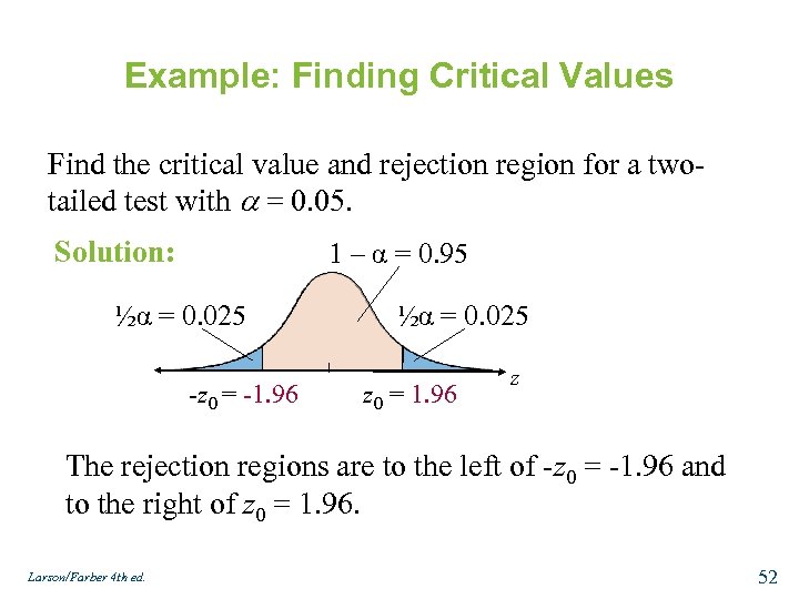 Example: Finding Critical Values Find the critical value and rejection region for a twotailed