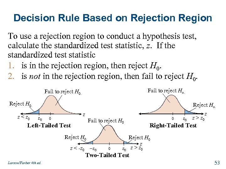 Decision Rule Based on Rejection Region To use a rejection region to conduct a