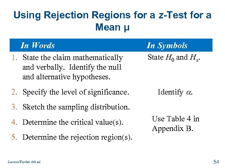Using Rejection Regions for a z-Test for a Mean μ In Words 1. State