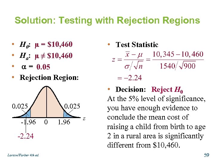 Solution: Testing with Rejection Regions • • H 0: μ = $10, 460 Ha: