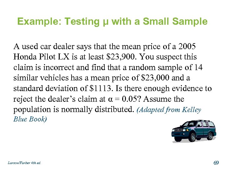 Example: Testing μ with a Small Sample A used car dealer says that the