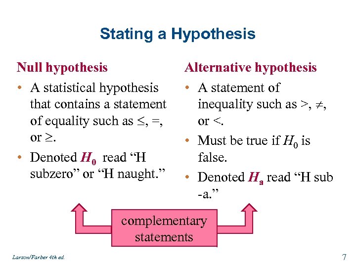 Stating a Hypothesis Null hypothesis • A statistical hypothesis that contains a statement of