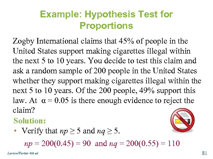Example: Hypothesis Test for Proportions Zogby International claims that 45% of people in the