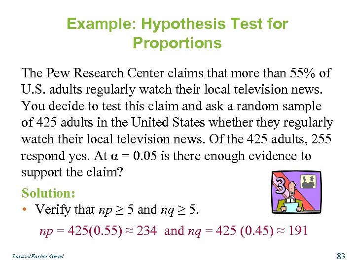 Example: Hypothesis Test for Proportions The Pew Research Center claims that more than 55%