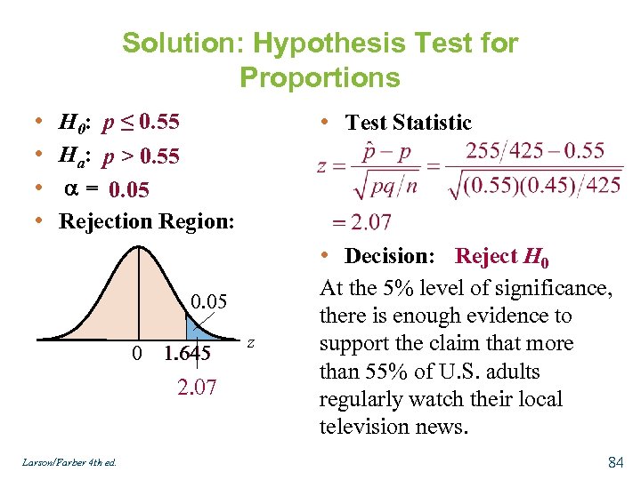 Solution: Hypothesis Test for Proportions • • H 0: p ≤ 0. 55 Ha: