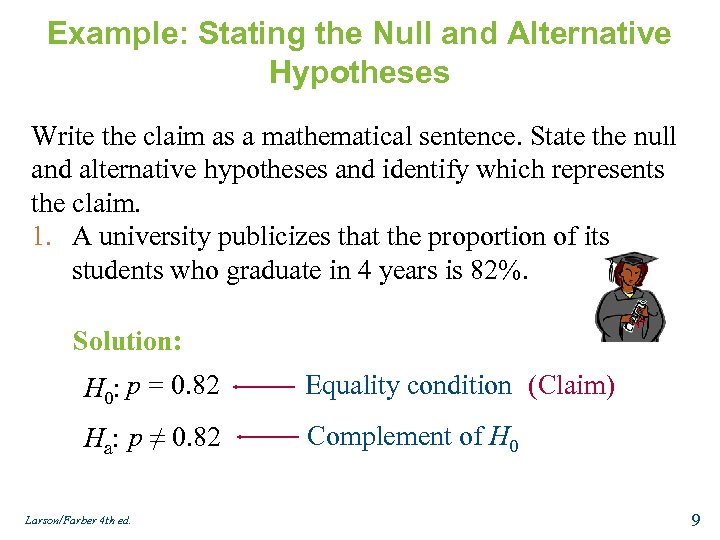 Example: Stating the Null and Alternative Hypotheses Write the claim as a mathematical sentence.