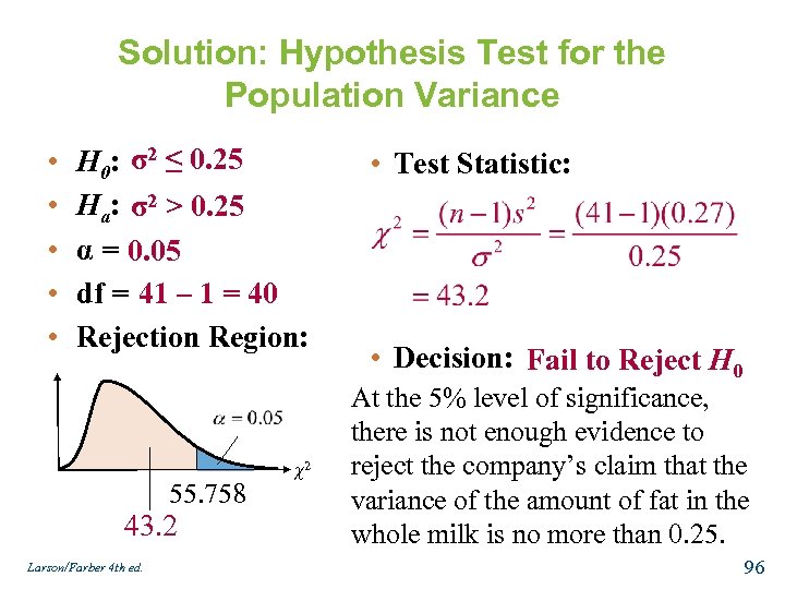 Solution: Hypothesis Test for the Population Variance • • • H 0: σ2 ≤
