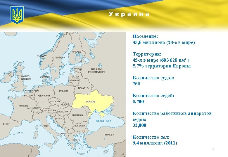 Украина Население: 45, 6 миллиона (28 -е в мире) Карта + інформація про державу