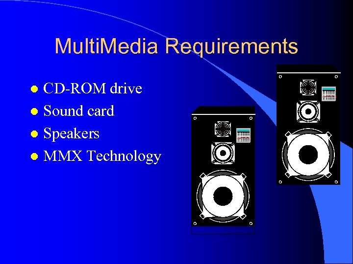 Multi. Media Requirements CD-ROM drive l Sound card l Speakers l MMX Technology l