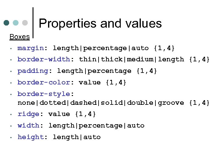 Properties and values Boxes • margin: length|percentage|auto {1, 4} • border-width: thin|thick|medium|length {1, 4}