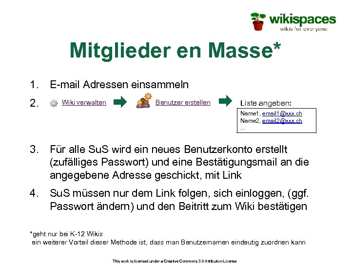 Mitglieder en Masse* 1. E-mail Adressen einsammeln 2. Wiki verwalten Benutzer erstellen Liste angeben: