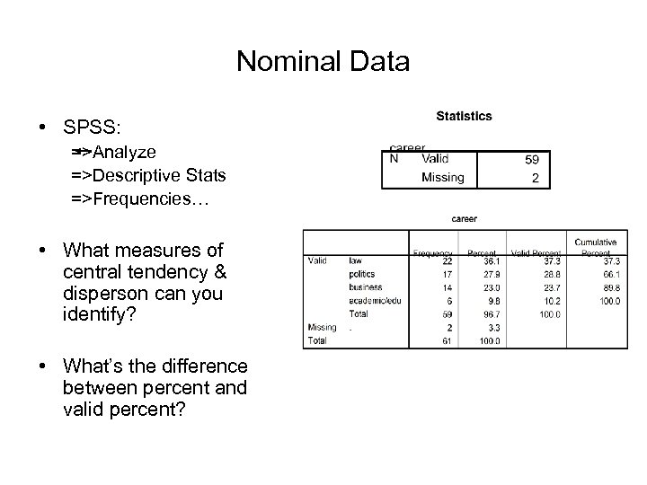 Nominal Data • SPSS: =>Analyze =>Descriptive Stats =>Frequencies… • What measures of central tendency