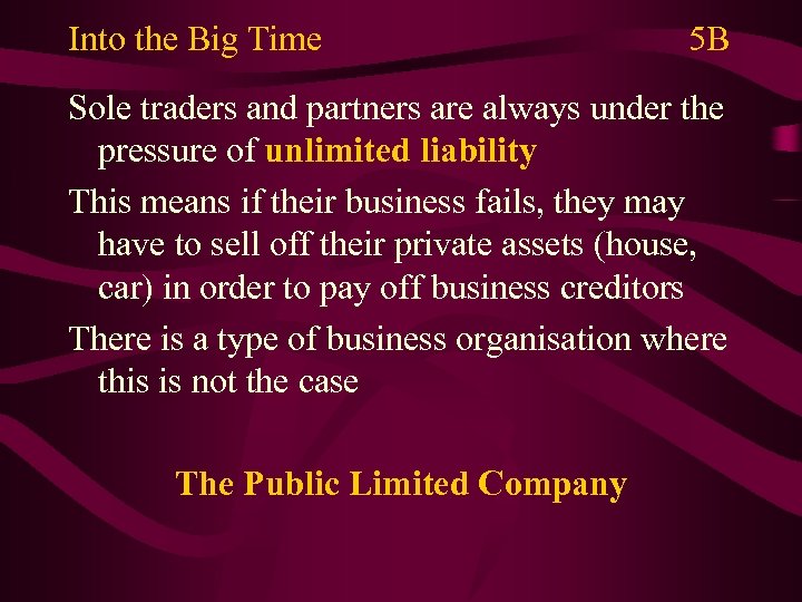 Into the Big Time 5 B Sole traders and partners are always under the