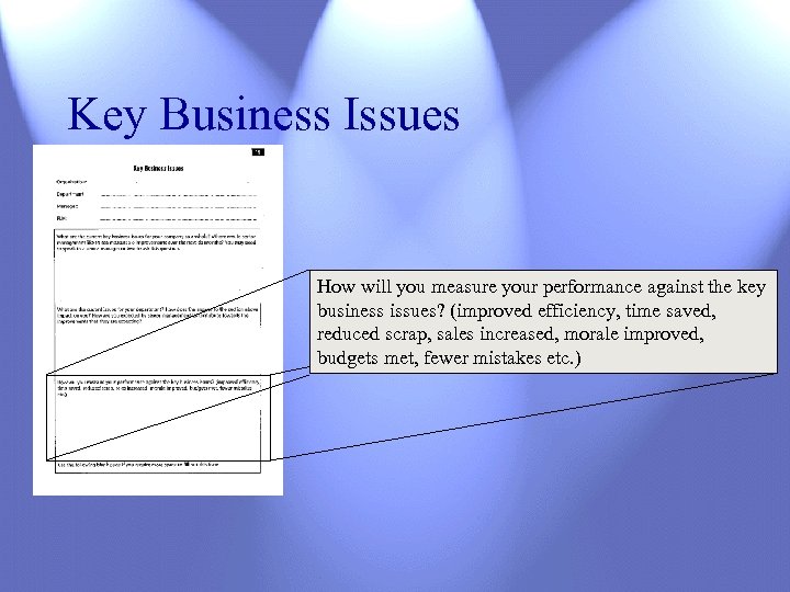 Key Business Issues How will you measure your performance against the key business issues?