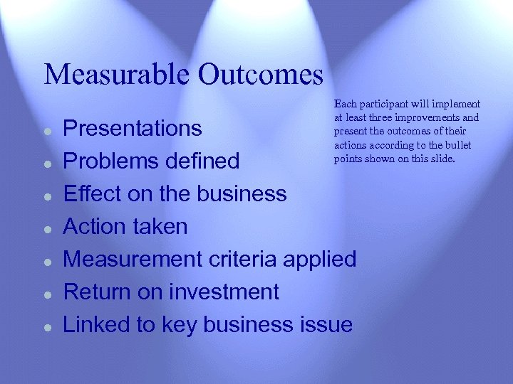 Measurable Outcomes l l l l Each participant will implement at least three improvements