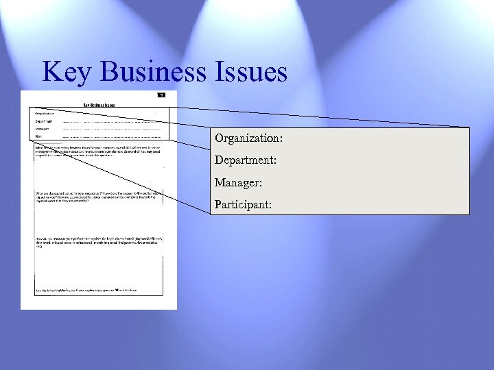 Key Business Issues Organization: Department: Manager: Participant: 