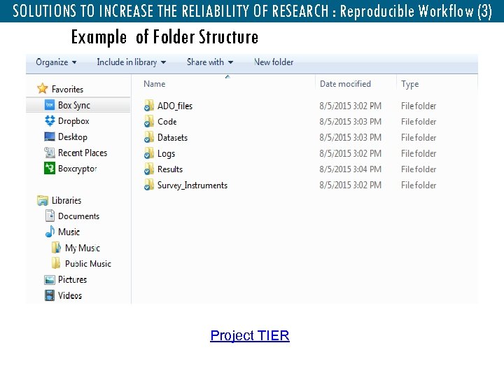 SOLUTIONS TO INCREASE THE RELIABILITY OF RESEARCH : Reproducible Workflow (3) Example of Folder