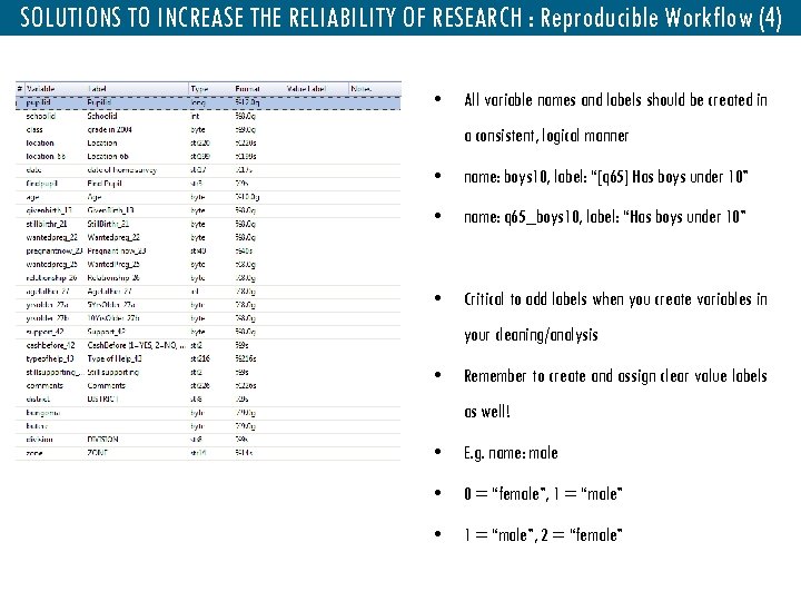 SOLUTIONS TO INCREASE THE RELIABILITY OF RESEARCH : Reproducible Workflow (4) • All variable