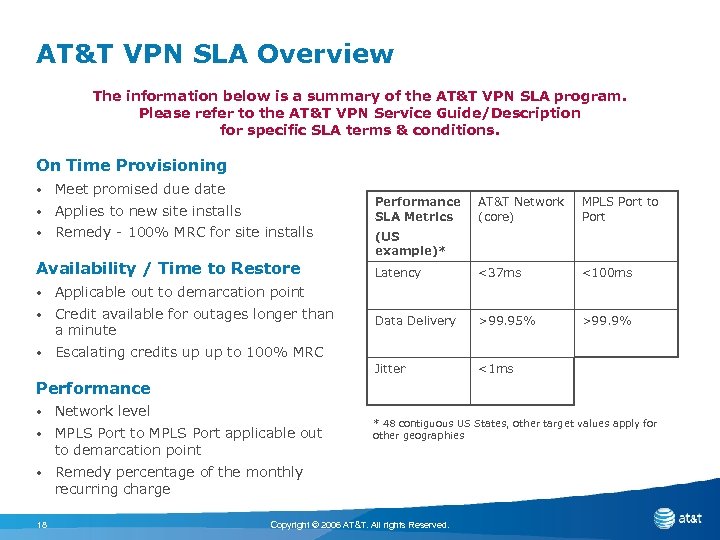 AT&T VPN SLA Overview The information below is a summary of the AT&T VPN