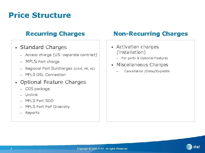 Price Structure Recurring Charges • Standard Charges • – Access charge (US -separate contract)