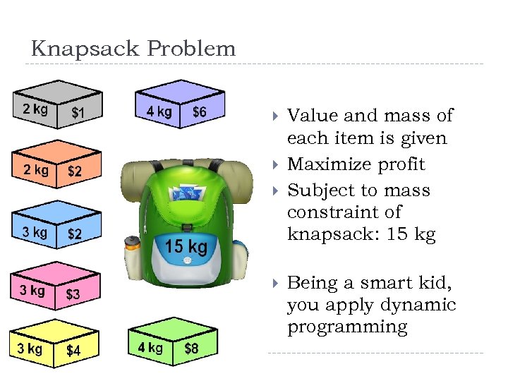 Knapsack Problem Value and mass of each item is given Maximize profit Subject to