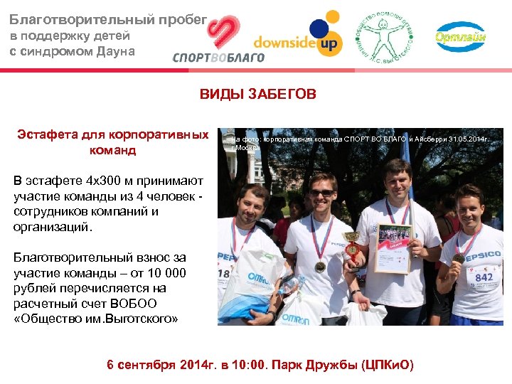 Благотворительный пробег в поддержку детей с синдромом Дауна ВИДЫ ЗАБЕГОВ Эстафета для корпоративных команд