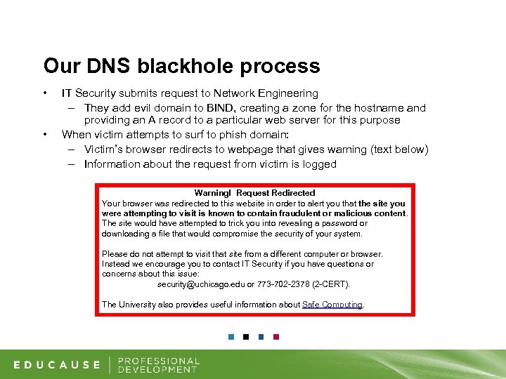 Our DNS blackhole process • • IT Security submits request to Network Engineering –