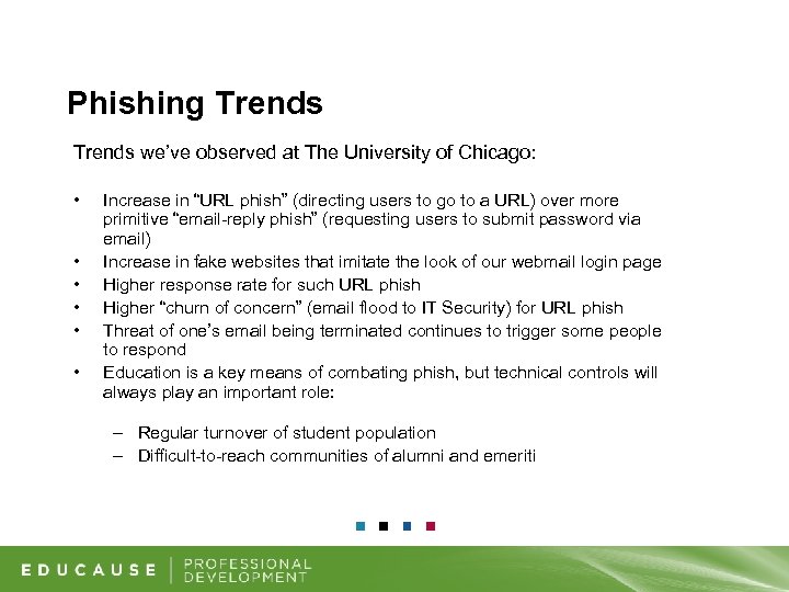 Phishing Trends we’ve observed at The University of Chicago: • • • Increase in