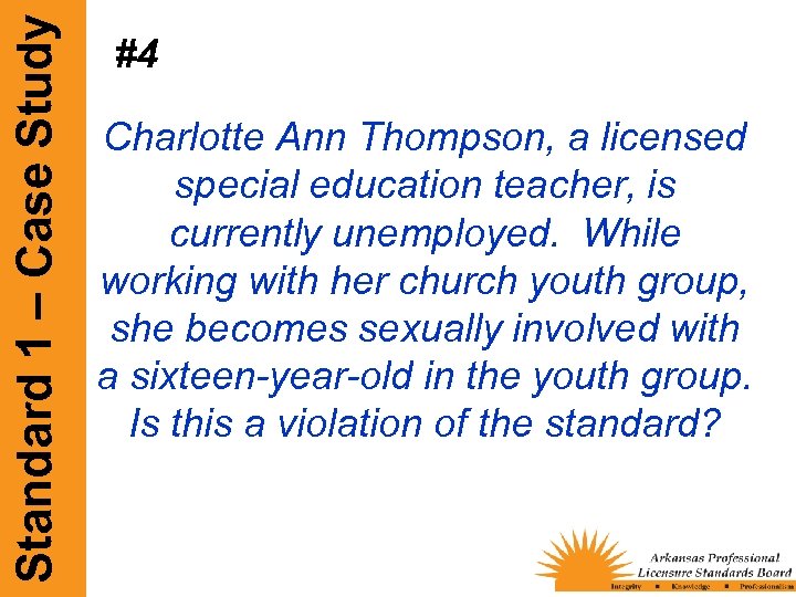 Standard 1 – Case Study #4 Charlotte Ann Thompson, a licensed special education teacher,