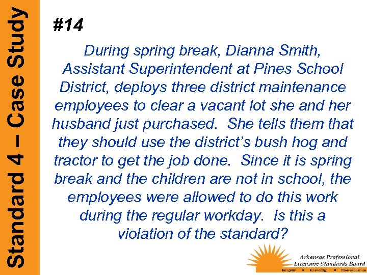Standard 4 – Case Study #14 During spring break, Dianna Smith, Assistant Superintendent at