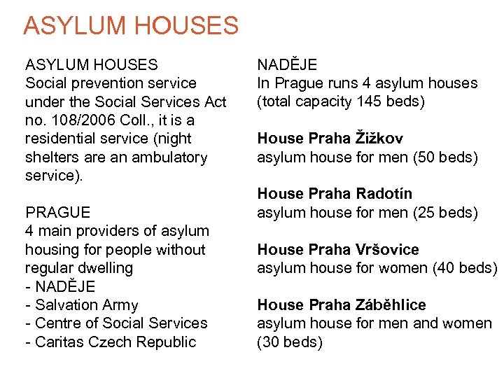 ASYLUM HOUSES Social prevention service under the Social Services Act no. 108/2006 Coll. ,