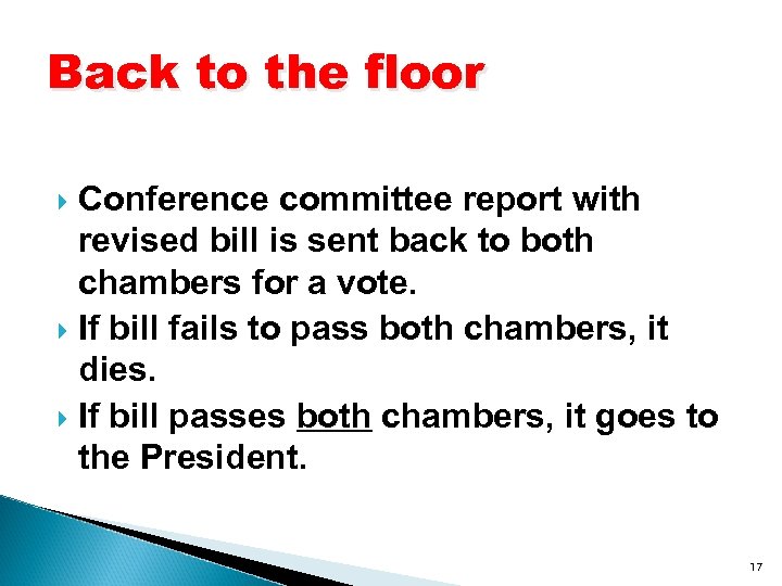 Back to the floor Conference committee report with revised bill is sent back to