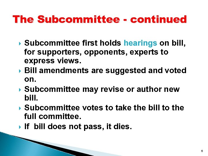 The Subcommittee - continued Subcommittee first holds hearings on bill, for supporters, opponents, experts