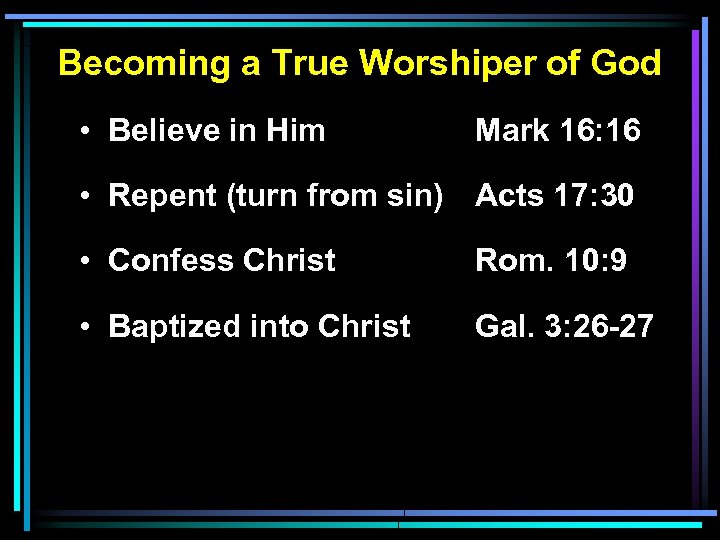 Becoming a True Worshiper of God • Believe in Him Mark 16: 16 •