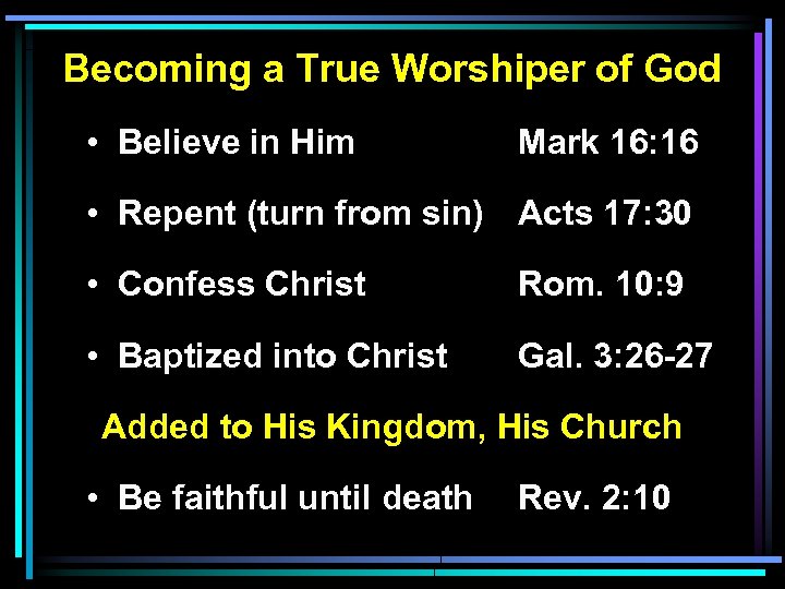 Becoming a True Worshiper of God • Believe in Him Mark 16: 16 •