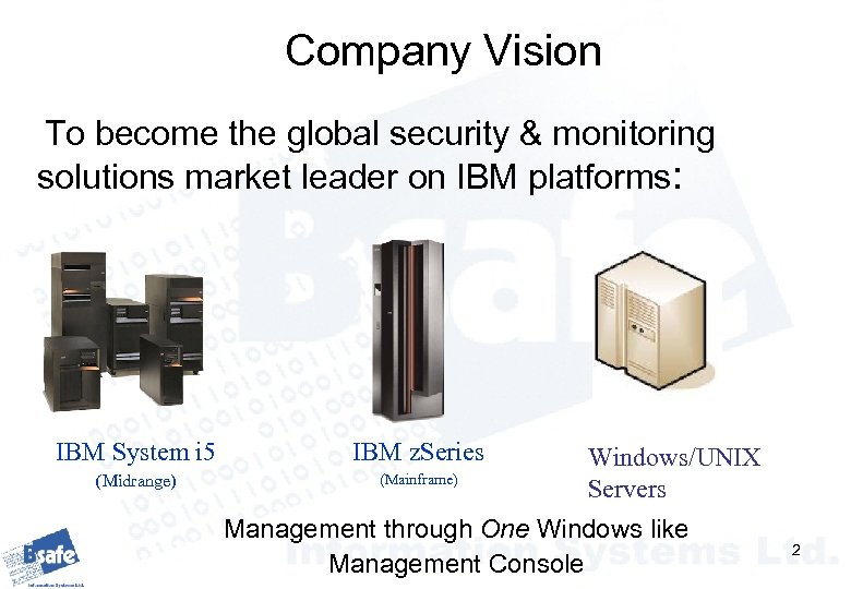 Company Vision To become the global security & monitoring solutions market leader on IBM