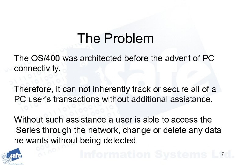 The Problem The OS/400 was architected before the advent of PC connectivity. Therefore, it