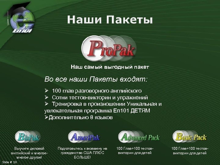 Наш самый выгодный пакет Во все наши Пакеты входят: Ø 100 глав разговорного английского