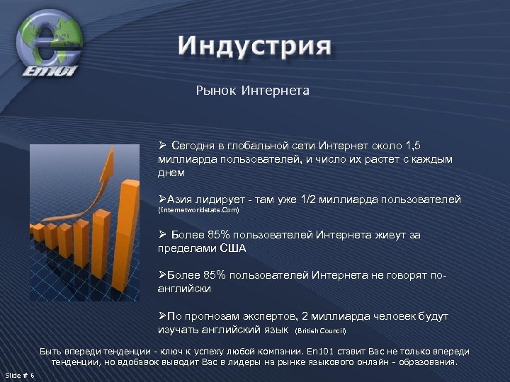 Рынок Интернета Ø Сегодня в глобальной сети Интернет около 1, 5 миллиарда пользователей, и