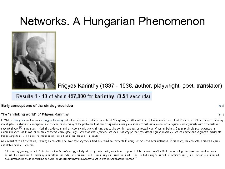 Networks. A Hungarian Phenomenon Frigyes Karinthy (1887 - 1938, author, playwright, poet, translator) 