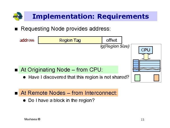 Implementation: Requirements n Requesting Node provides address: address n offset lg(Region Size) CPU At