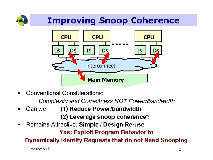 Improving Snoop Coherence CPU I$ D$ interconnect Main Memory Conventional Considerations: Complexity and Correctness