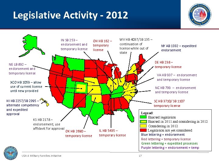 Legislative Activity - 2012 IN SB 253 – endorsement and temporary license OH HB