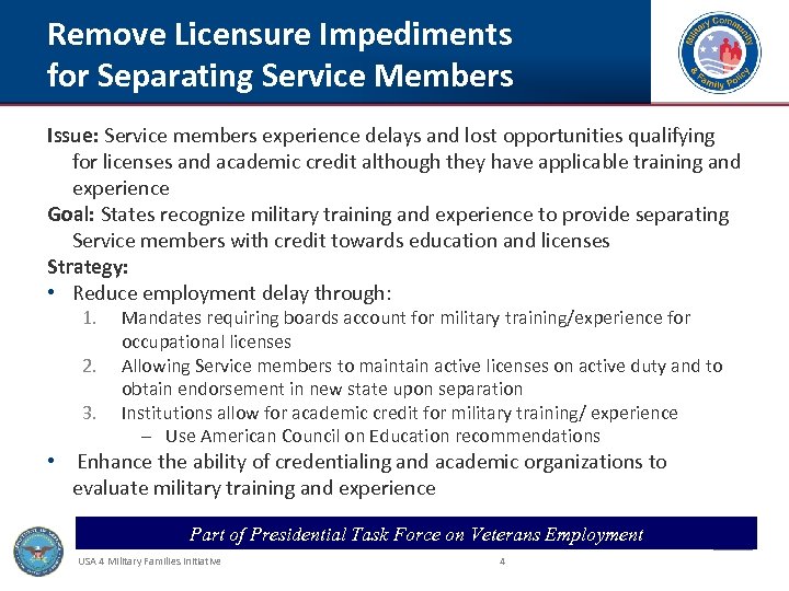 Remove Licensure Impediments for Separating Service Members Issue: Service members experience delays and lost