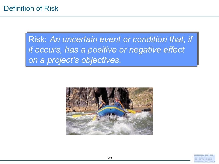 Definition of Risk: An uncertain event or condition that, if it occurs, has a