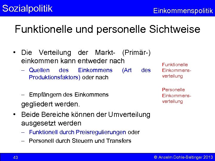Sozialpolitik Einkommenspolitik Funktionelle und personelle Sichtweise • Die Verteilung der Markt- (Primär-) einkommen kann