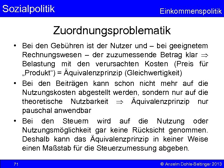 Sozialpolitik Einkommenspolitik Zuordnungsproblematik • Bei den Gebühren ist der Nutzer und – bei geeignetem