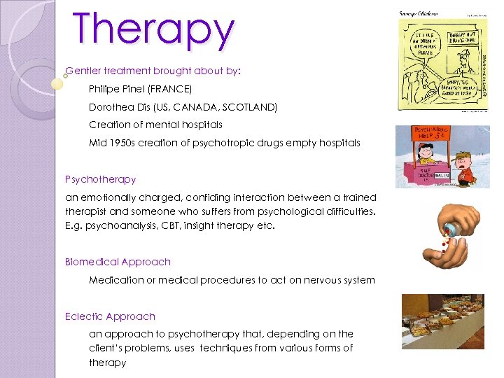 Therapy Gentler treatment brought about by: Philipe Pinel (FRANCE) Dorothea Dis (US, CANADA, SCOTLAND)