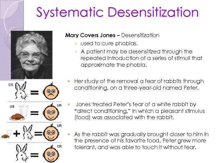 Systematic Desensitization Mary Covers Jones – Desensitization ◦ used to cure phobias. ◦ A